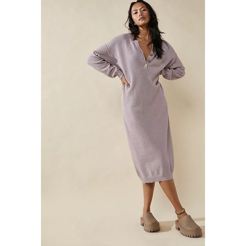 Free People Beach Lavender Hailee Waffle Knit Henley Midi Sweater Dress Size M